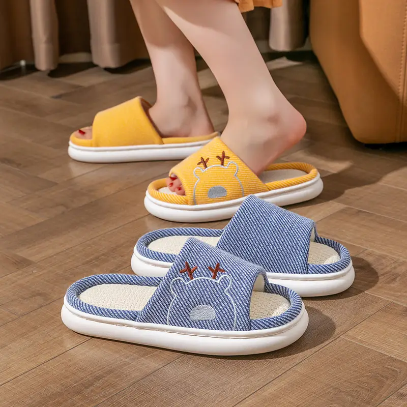 Linen Slippers Thick Bottom Men's and Women's Four Seasons Household Couple Indoor Non-Slip Silent Cotton Linen Floor Home Sandals