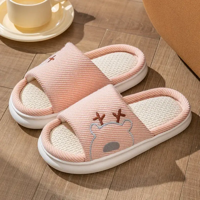 Linen Slippers Thick Bottom Men's and Women's Four Seasons Household Couple Indoor Non-Slip Silent Cotton Linen Floor Home Sandals
