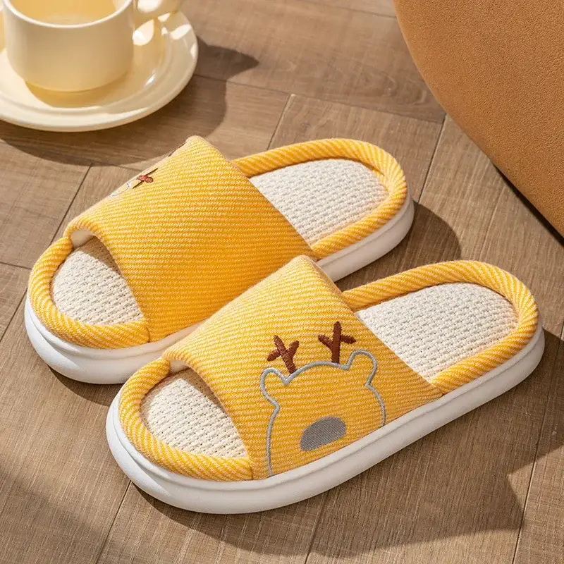 Linen Slippers Thick Bottom Men's and Women's Four Seasons Household Couple Indoor Non-Slip Silent Cotton Linen Floor Home Sandals