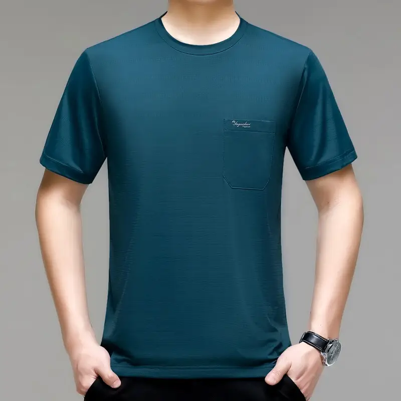 Men Ice Silk Short Sleeve T-Shirt with Pocket - Image 2