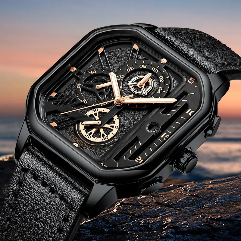 Men's Black Chronograph Watch with Leather Strap - Image 3