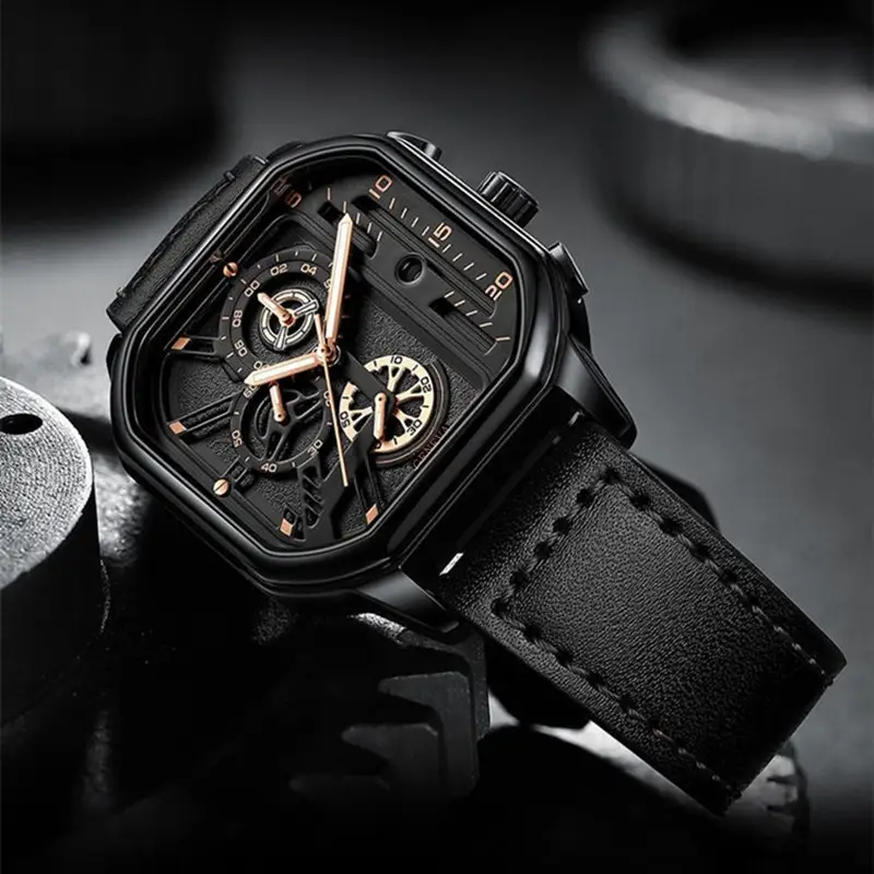 Men's Black Chronograph Watch with Leather Strap - Image 4