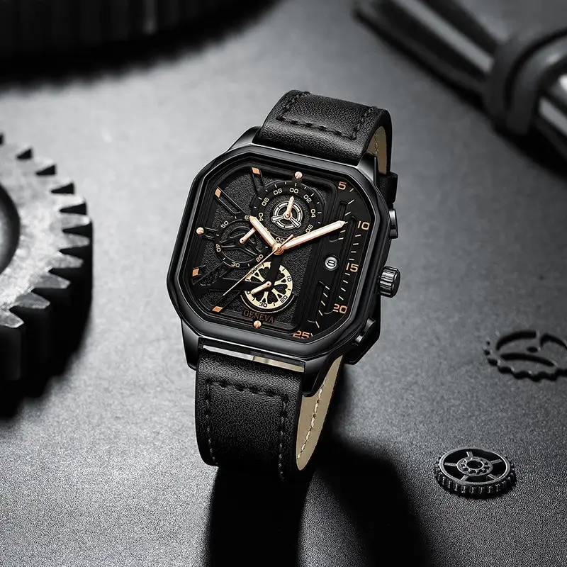 Men's Black Chronograph Watch with Leather Strap - Image 5