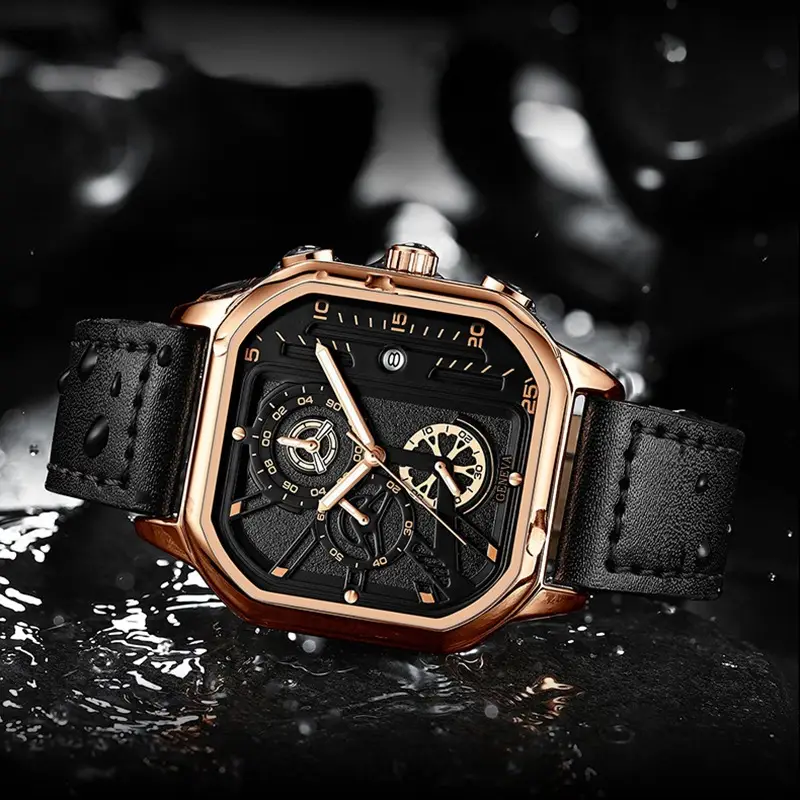 Men's Black Chronograph Watch with Leather Strap - Image 6