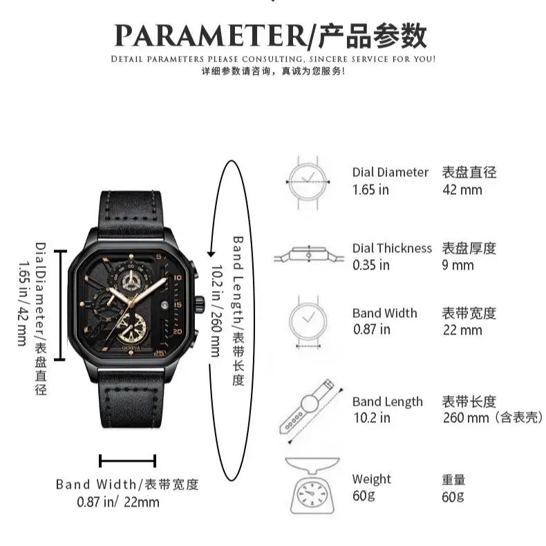 Men's Black Chronograph Watch with Leather Strap - Image 7