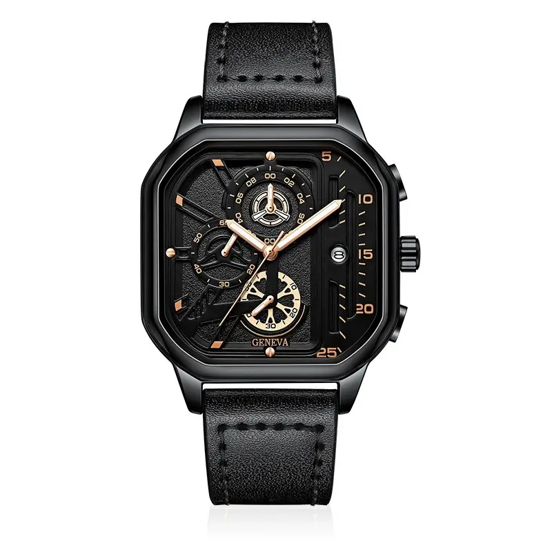 Men's Black Chronograph Watch with Leather Strap — feature 12