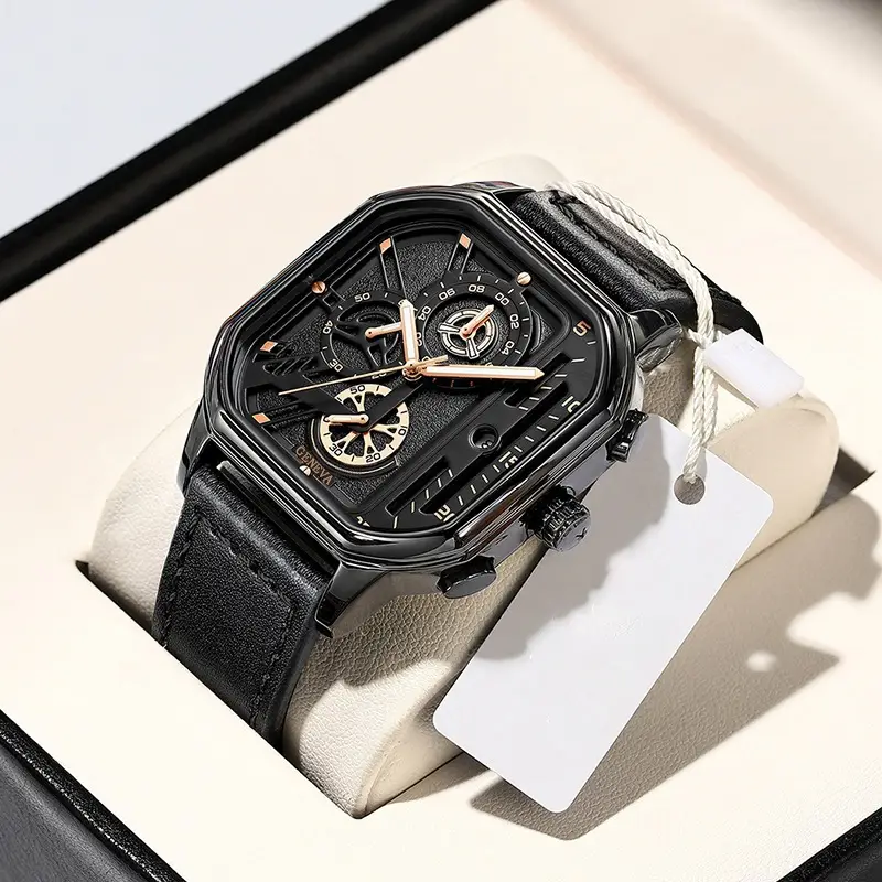 Men's Black Chronograph Watch with Leather Strap — feature 5
