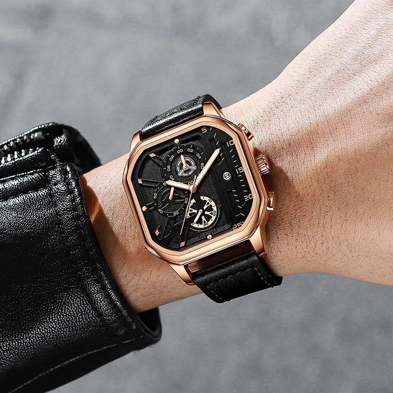 Men's Black Chronograph Watch with Leather Strap — feature 6
