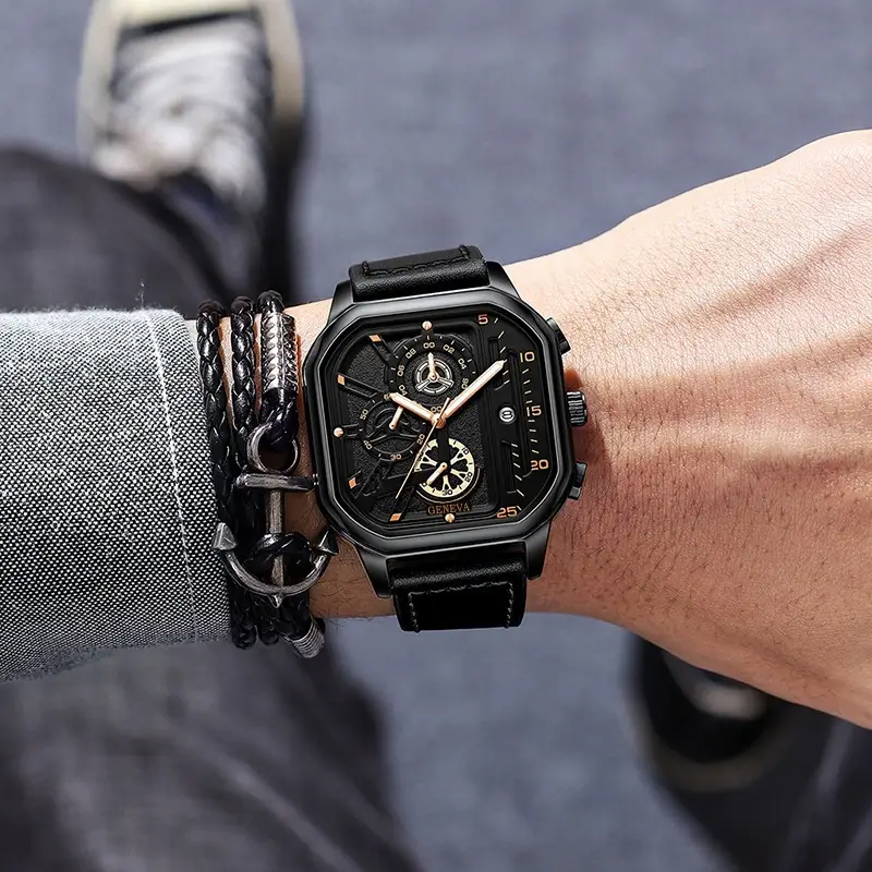 Men's Black Chronograph Watch with Leather Strap — feature 7