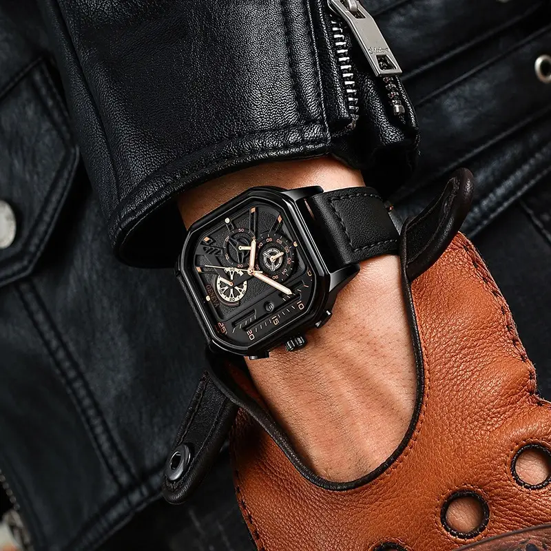 Men's Black Chronograph Watch with Leather Strap — feature 9