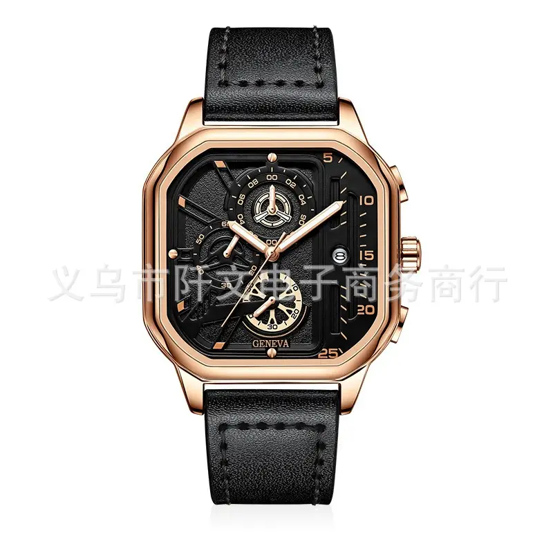Men's Black Chronograph Watch with Leather Strap - Image 2