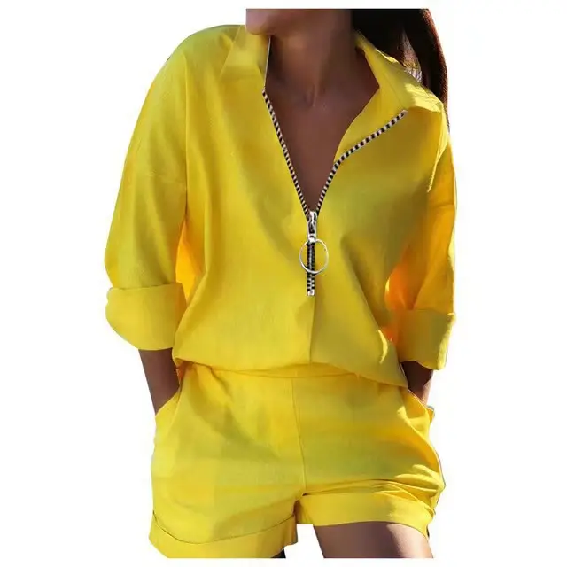 Women Yellow Zipper Top Shorts Set Autumn 2024
