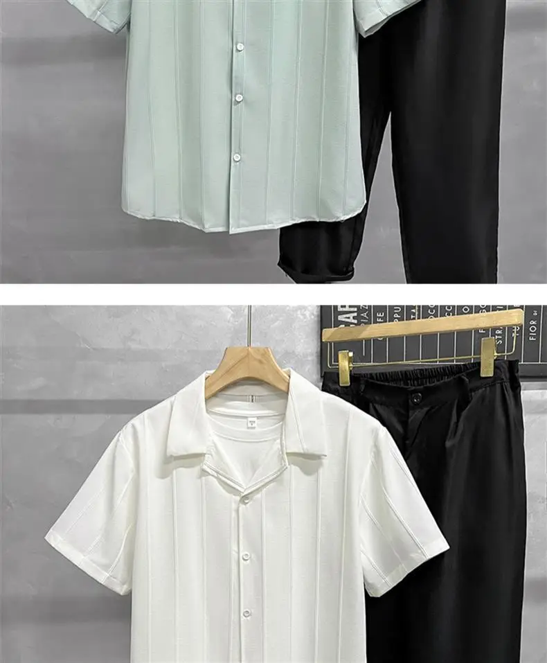 Men's Light Green Short Sleeve Shirt with Black Pants — feature 2