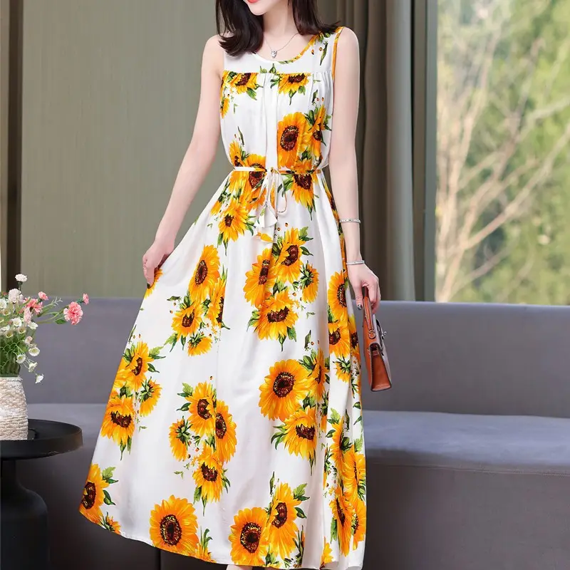 Red Floral Cotton Silk Summer Dress for Women Plus Size