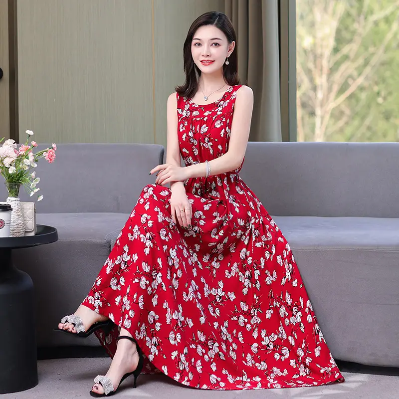 Red Floral Cotton Silk Summer Dress for Women Plus Size