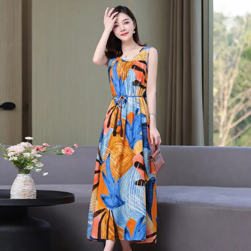 Red Floral Cotton Silk Summer Dress for Women Plus Size