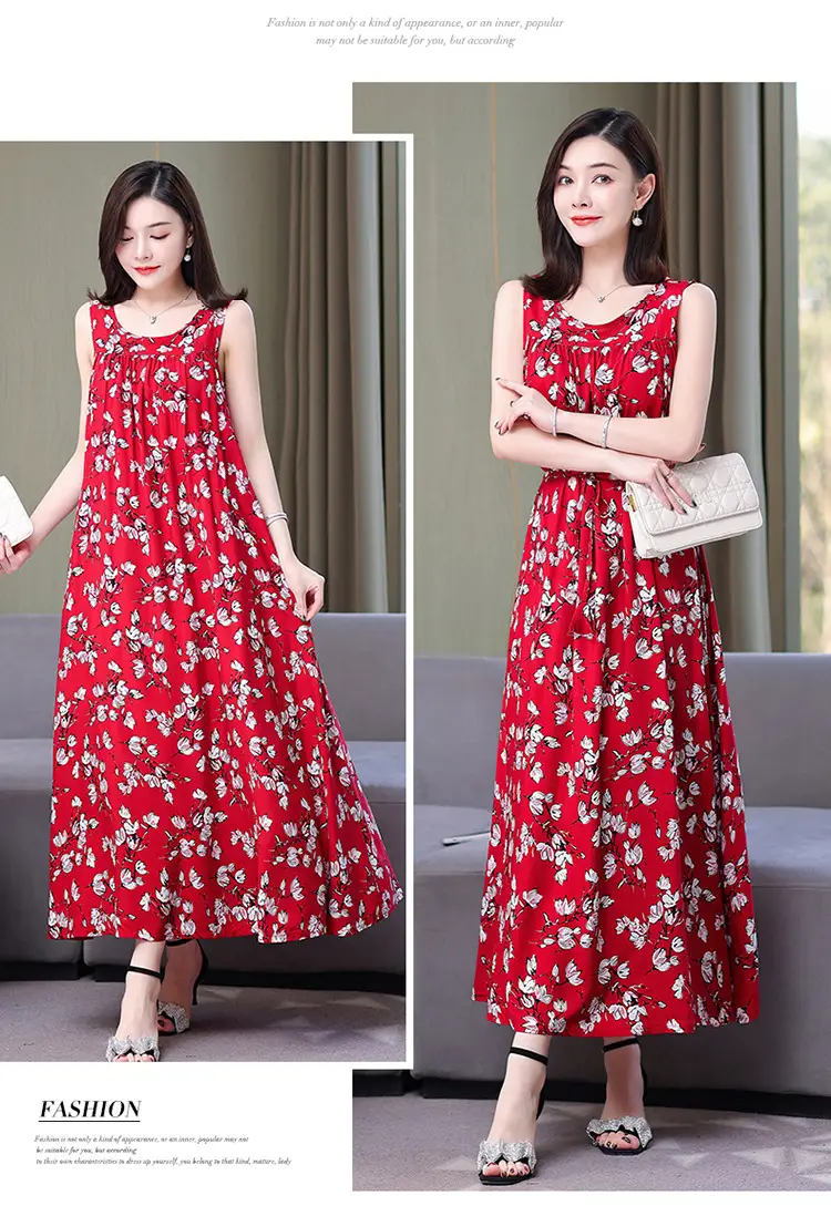 Red Floral Cotton Silk Summer Dress for Women Plus Size — feature 14