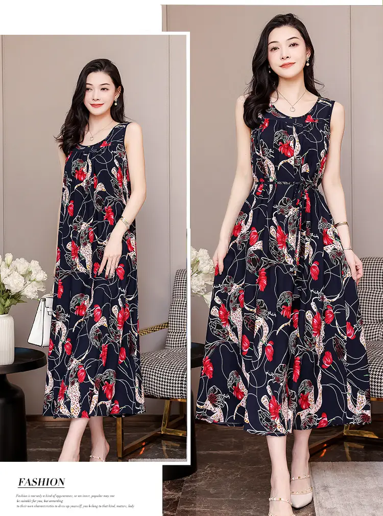 Red Floral Cotton Silk Summer Dress for Women Plus Size — feature 37