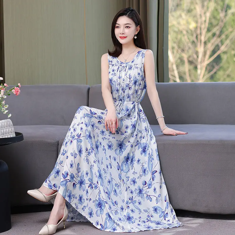Red Floral Cotton Silk Summer Dress for Women Plus Size