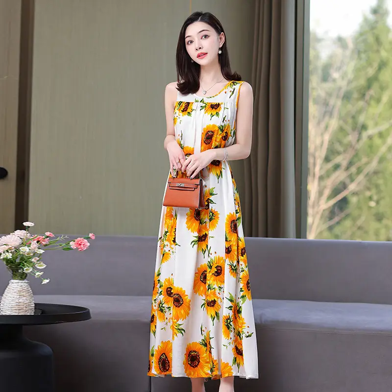 Red Floral Cotton Silk Summer Dress for Women Plus Size