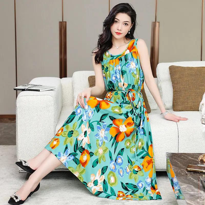 Red Floral Cotton Silk Summer Dress for Women Plus Size
