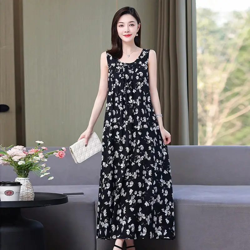 Red Floral Cotton Silk Summer Dress for Women Plus Size