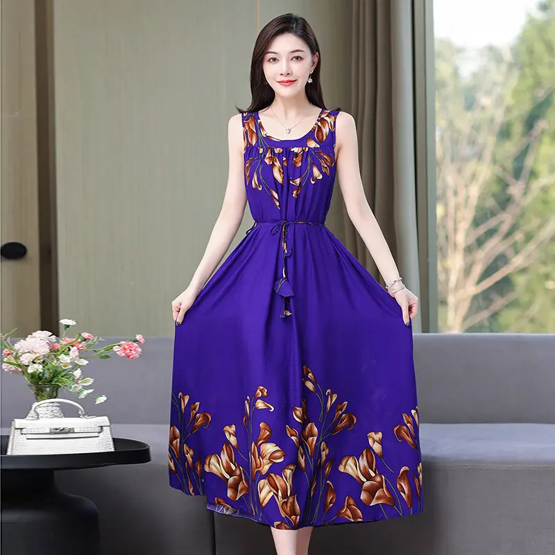 Red Floral Cotton Silk Summer Dress for Women Plus Size