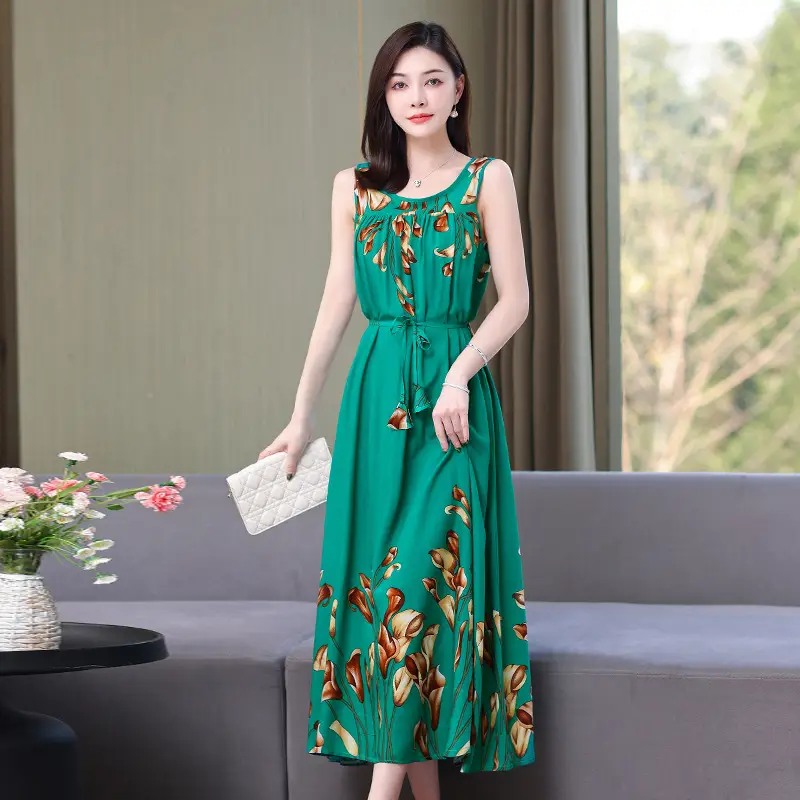 Red Floral Cotton Silk Summer Dress for Women Plus Size