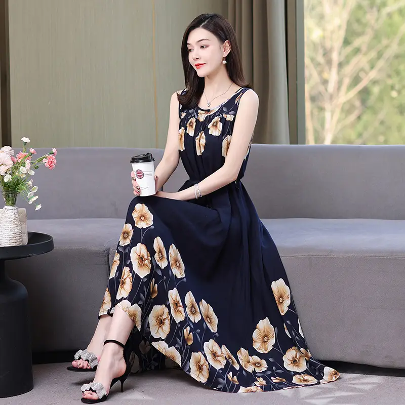 Red Floral Cotton Silk Summer Dress for Women Plus Size