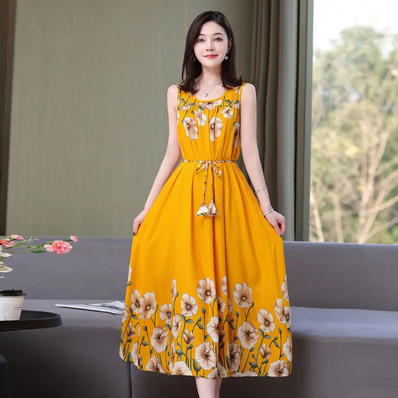 Red Floral Cotton Silk Summer Dress for Women Plus Size