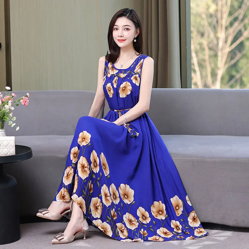 Red Floral Cotton Silk Summer Dress for Women Plus Size