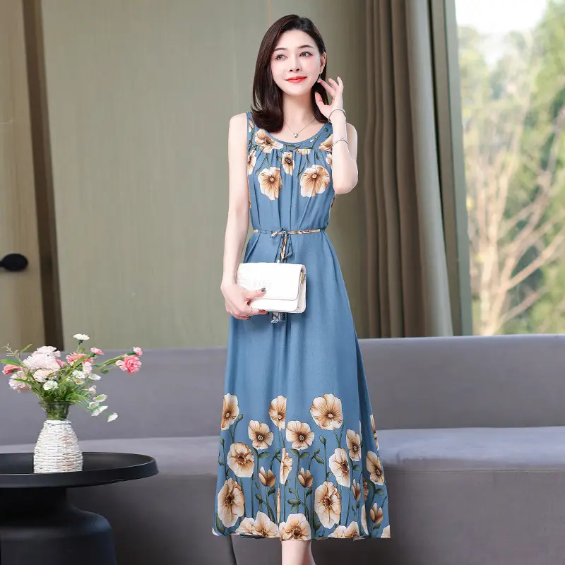 Red Floral Cotton Silk Summer Dress for Women Plus Size