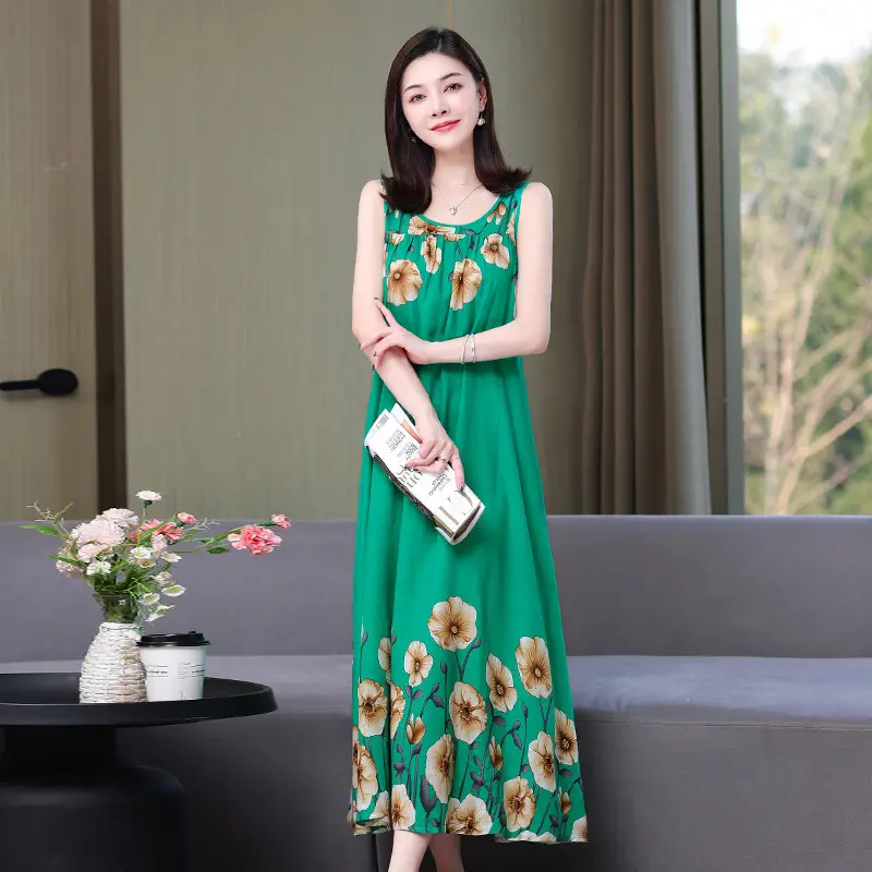 Red Floral Cotton Silk Summer Dress for Women Plus Size