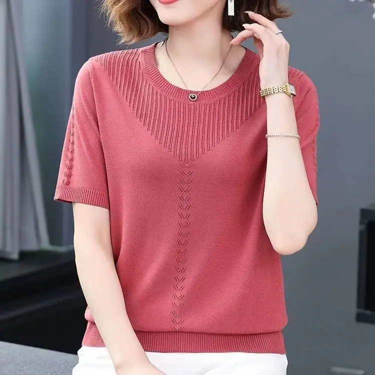 Women Summer Hollow Ice Silk T-Shirt Blue Round Neck - Image 3