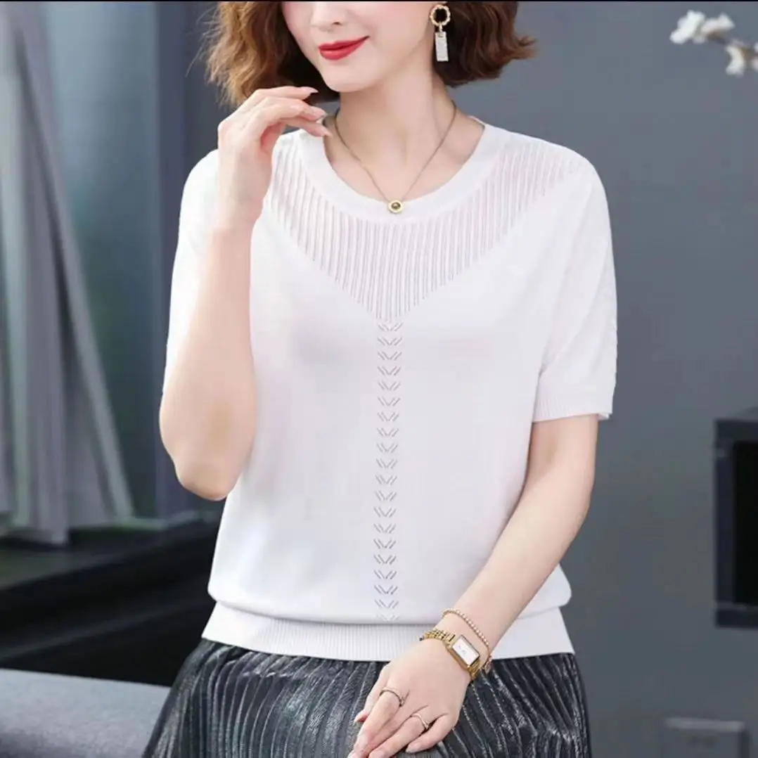 Women Summer Hollow Ice Silk T-Shirt Blue Round Neck - Image 4