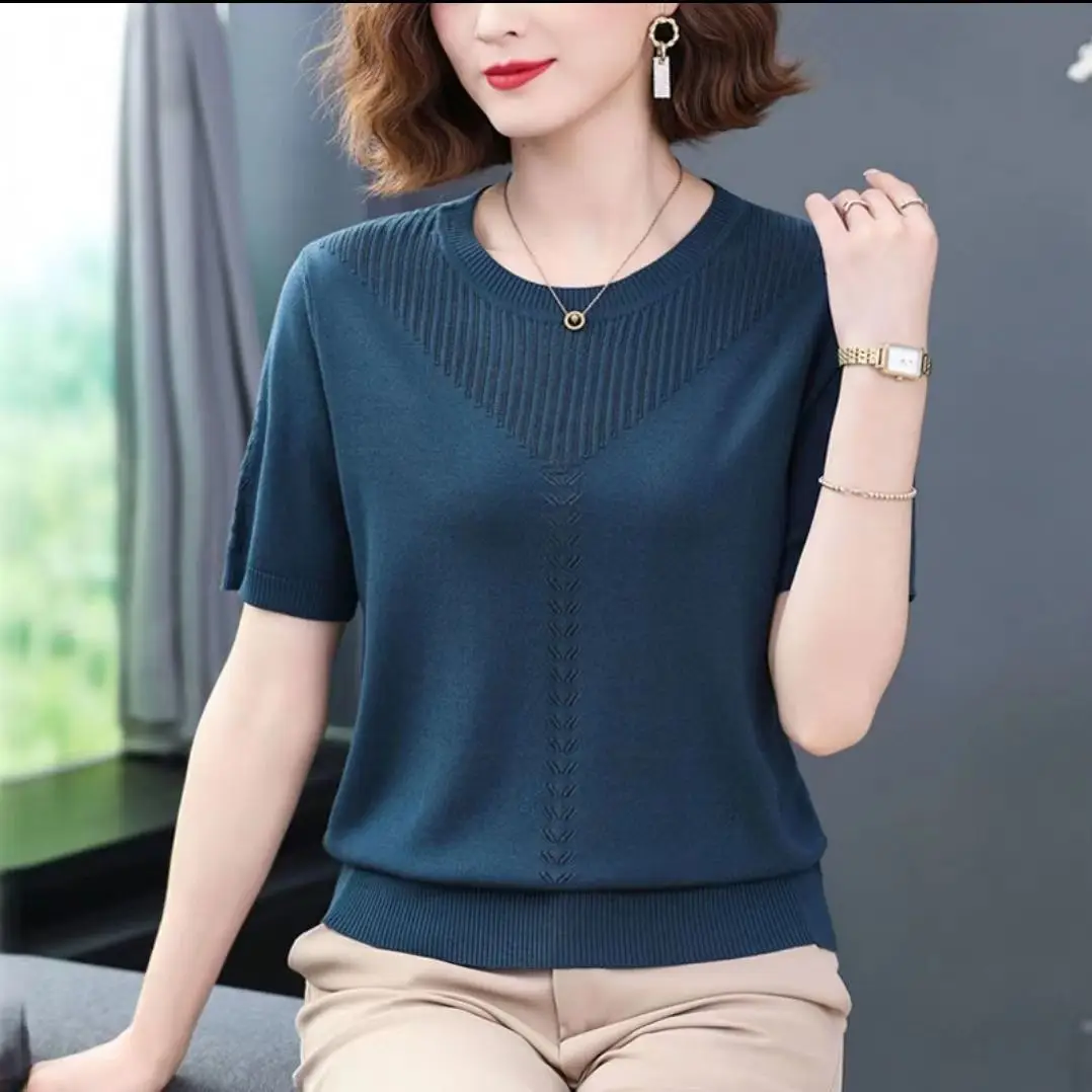 Women Summer Hollow Ice Silk T-Shirt Blue Round Neck - Image 5