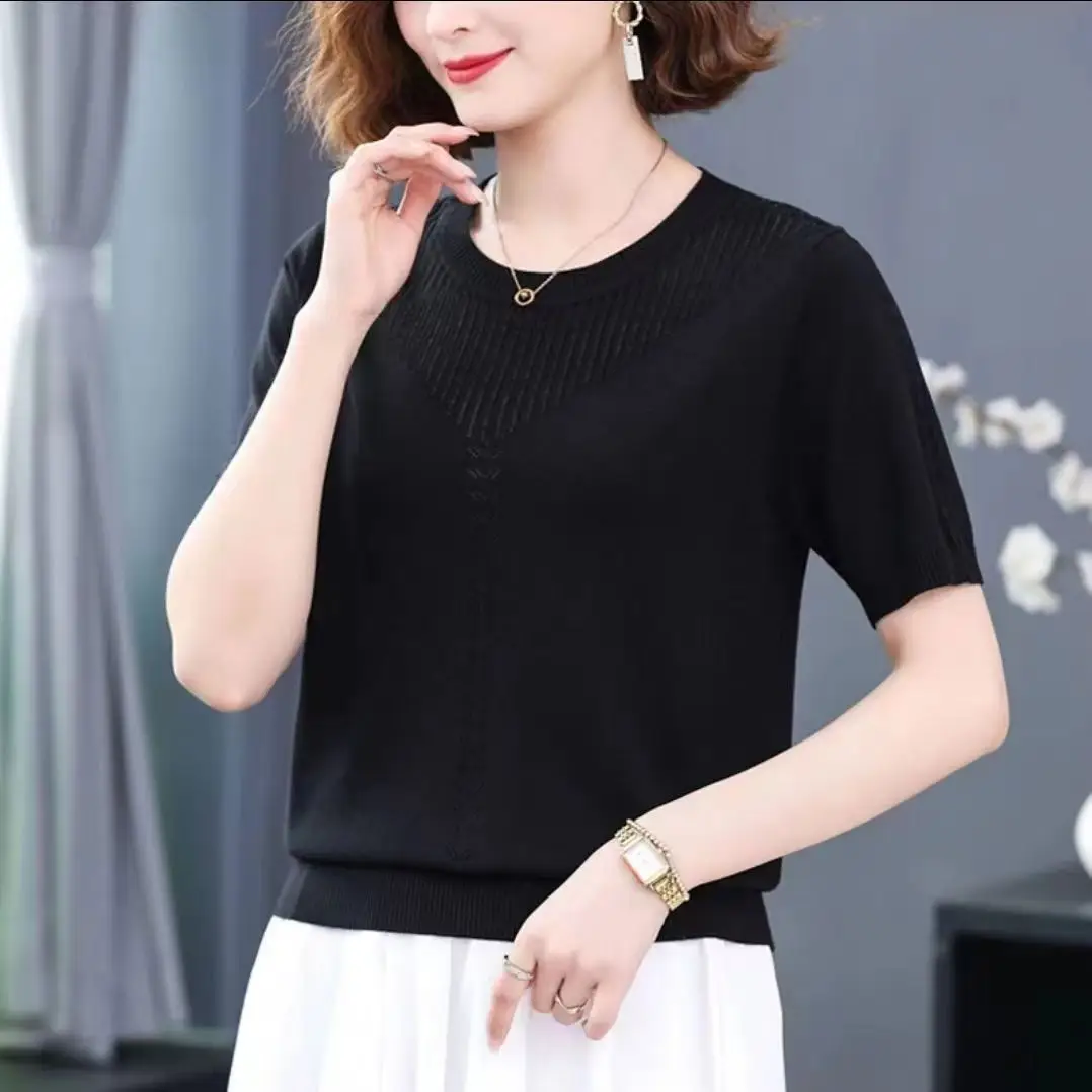 Women Summer Hollow Ice Silk T-Shirt Blue Round Neck - Image 6