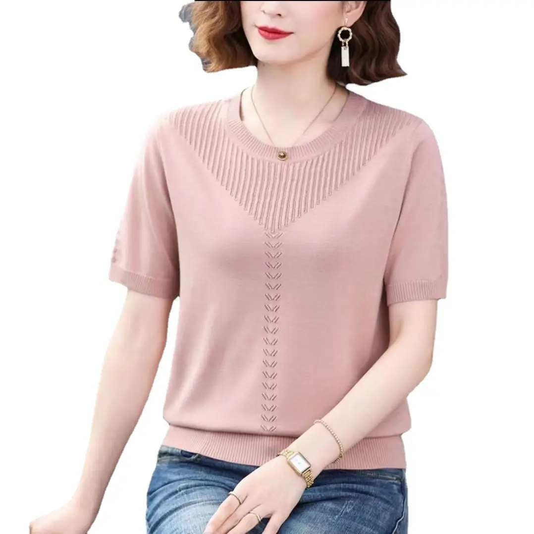 Women Summer Hollow Ice Silk T-Shirt Blue Round Neck - Image 7