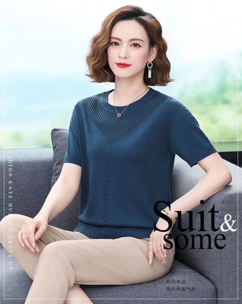Women Summer Hollow Ice Silk T-Shirt Blue Round Neck — feature 1