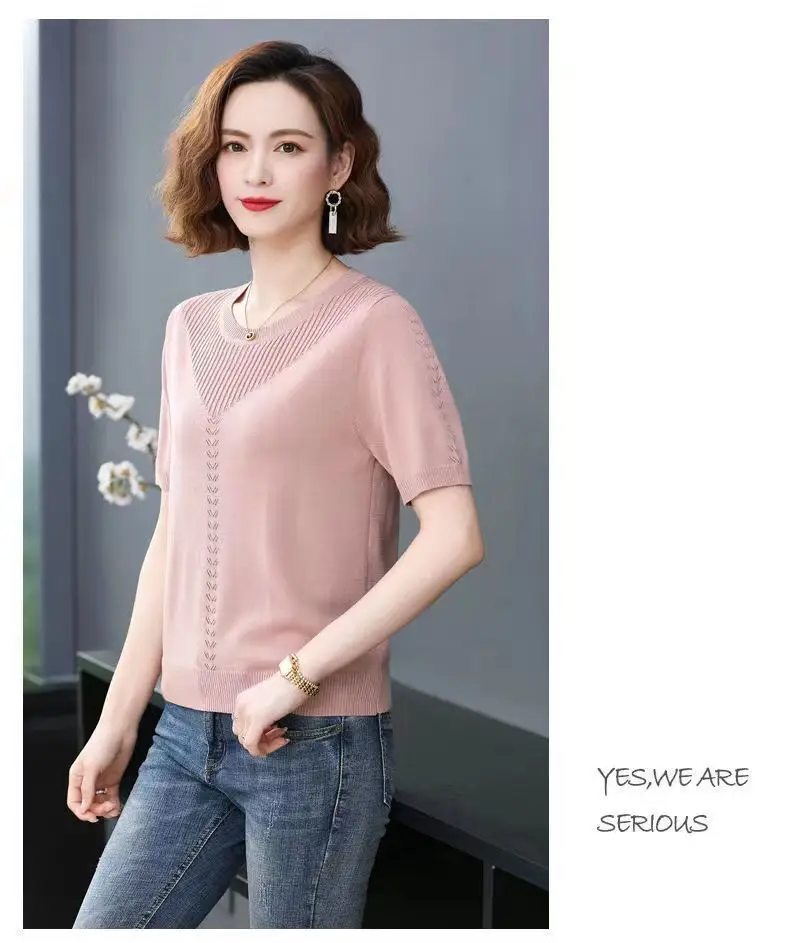 Women Summer Hollow Ice Silk T-Shirt Blue Round Neck — feature 10