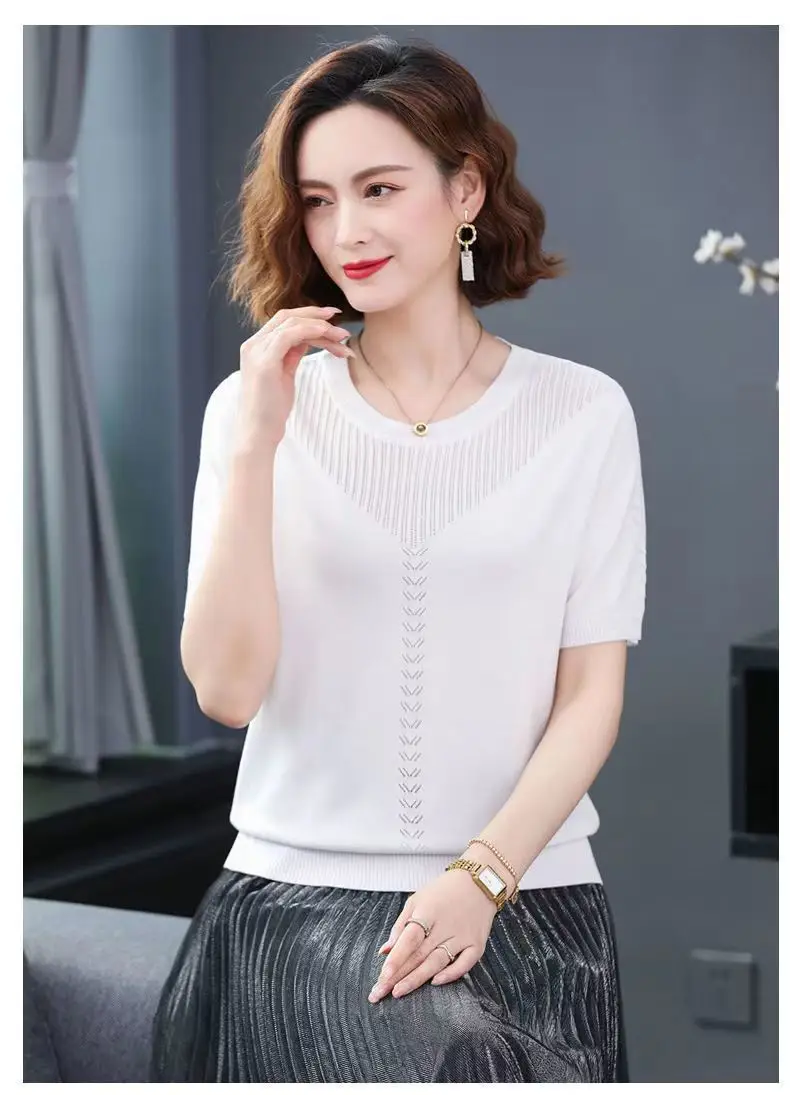 Women Summer Hollow Ice Silk T-Shirt Blue Round Neck — feature 11