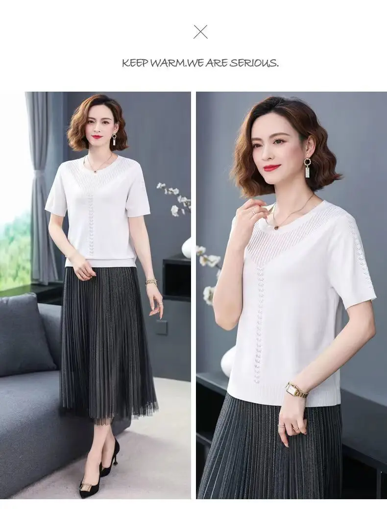 Women Summer Hollow Ice Silk T-Shirt Blue Round Neck — feature 12