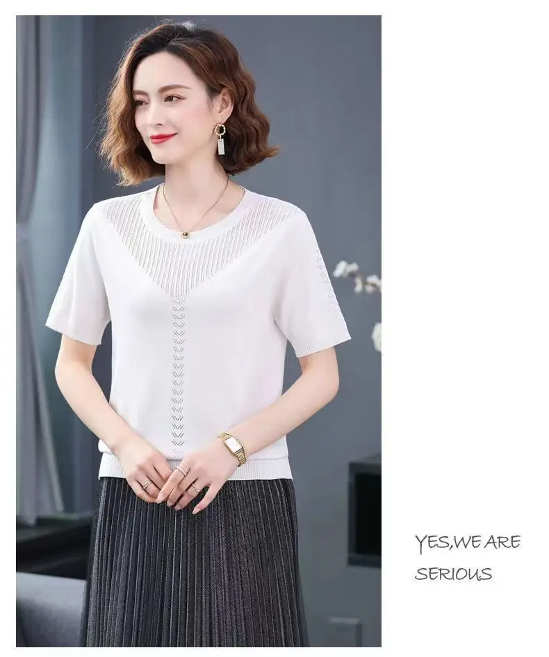 Women Summer Hollow Ice Silk T-Shirt Blue Round Neck — feature 13