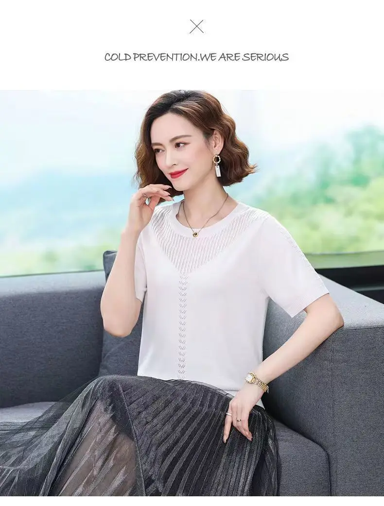Women Summer Hollow Ice Silk T-Shirt Blue Round Neck — feature 14