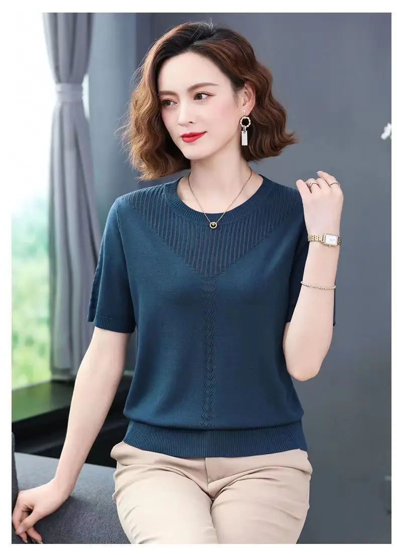 Women Summer Hollow Ice Silk T-Shirt Blue Round Neck — feature 15