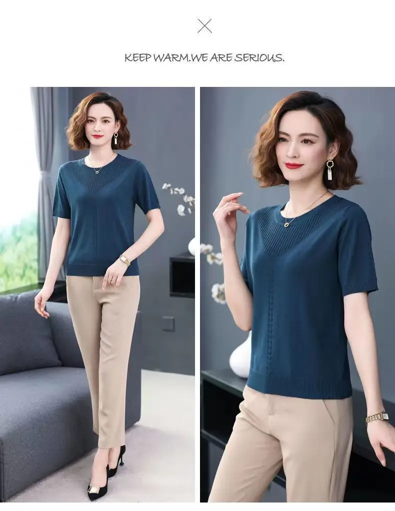 Women Summer Hollow Ice Silk T-Shirt Blue Round Neck — feature 16