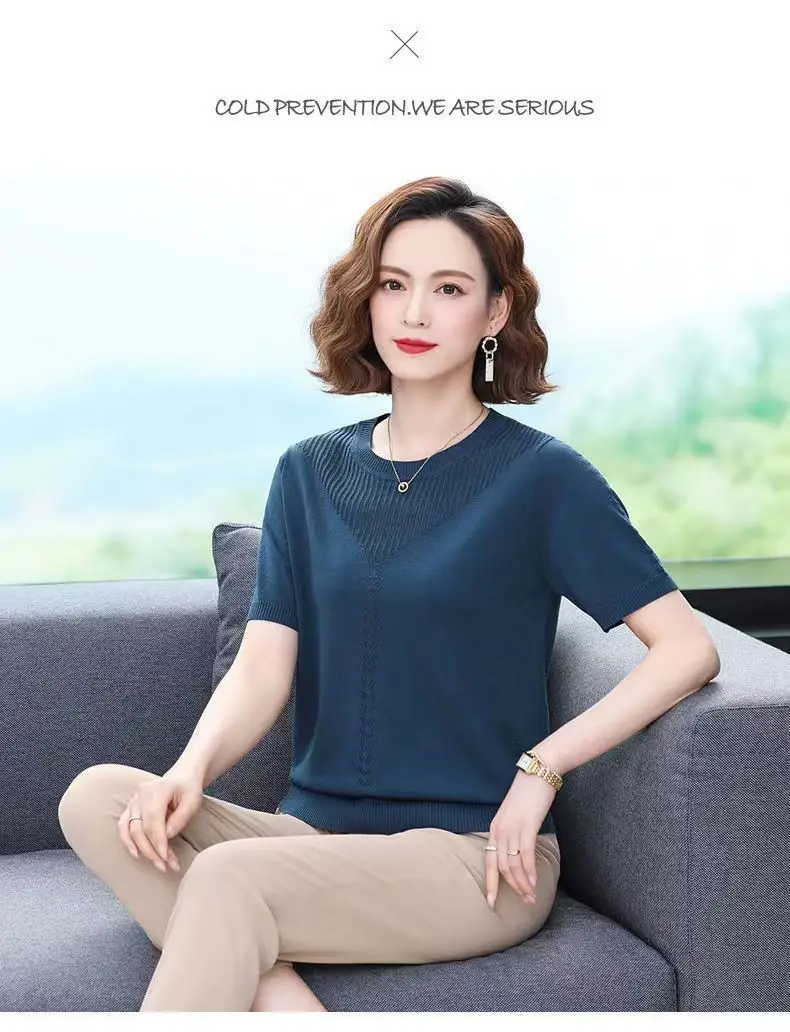 Women Summer Hollow Ice Silk T-Shirt Blue Round Neck — feature 17