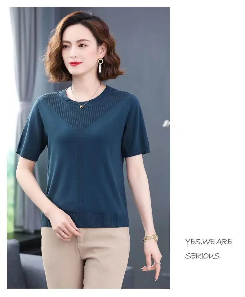 Women Summer Hollow Ice Silk T-Shirt Blue Round Neck — feature 18