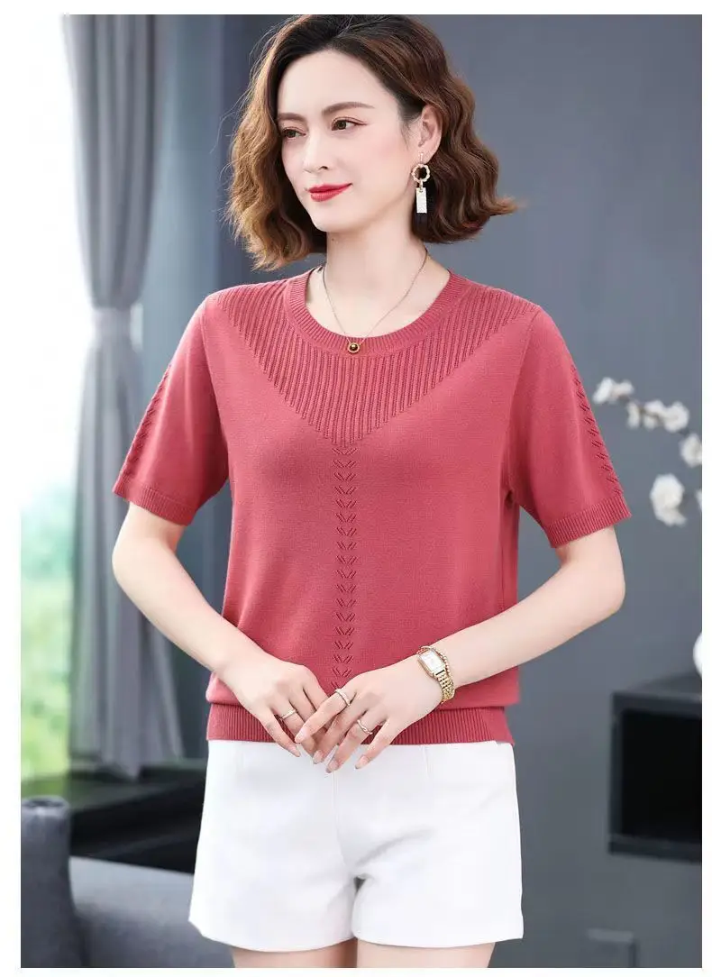 Women Summer Hollow Ice Silk T-Shirt Blue Round Neck — feature 19