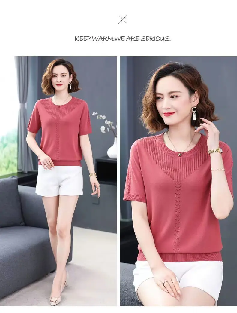 Women Summer Hollow Ice Silk T-Shirt Blue Round Neck — feature 20